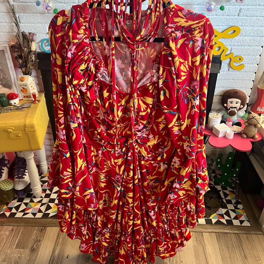 Rebdolls Red and Blue Floral Dress with Bell Sleeves